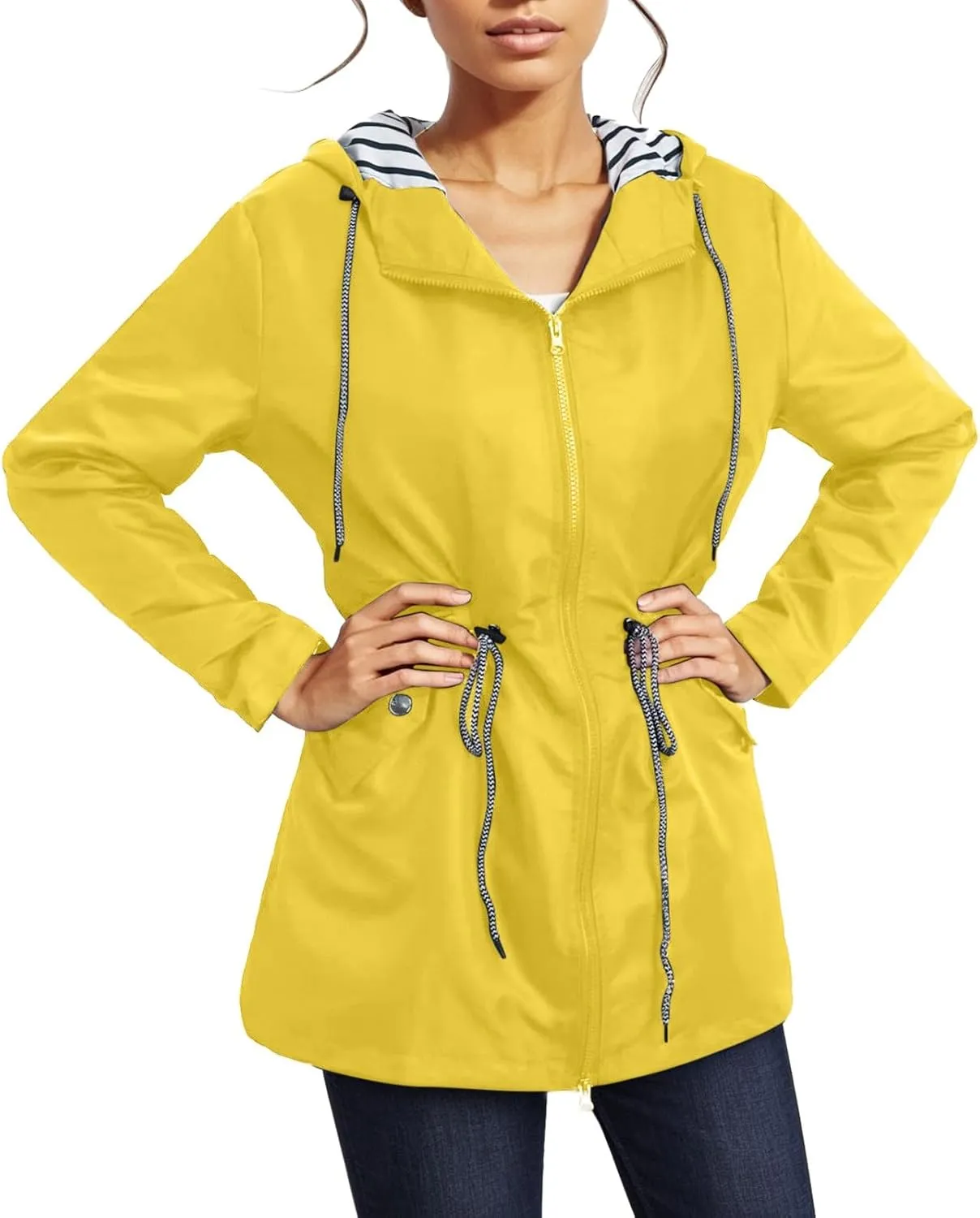 Rain Coats for Women Plus Size Waterproof Hoodie Jacket Windbreaker Lightweight Drawstring Raincoat with Pockets