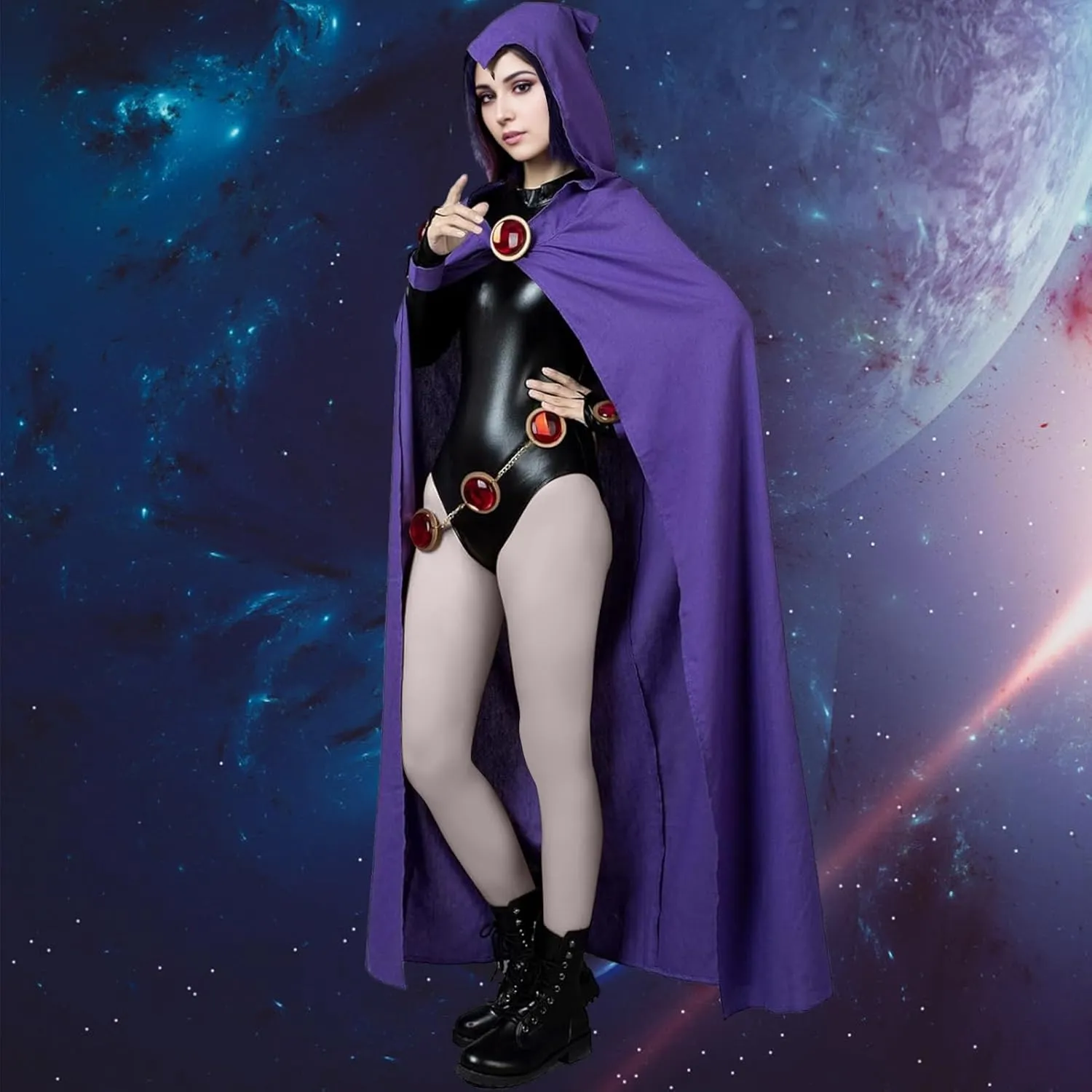 Raven Costume Women Raven Teenager Titans Cape Jumpsuit Superhero Purple Hood Cloak Halloween Cosplay Women