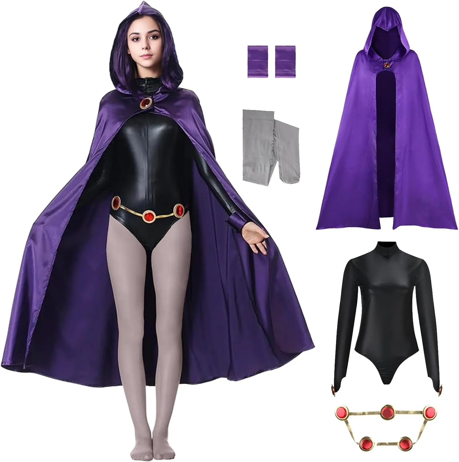 Raven Costume Women Raven Teenager Titans Cape Jumpsuit Superhero Purple Hood Cloak Halloween Cosplay Women