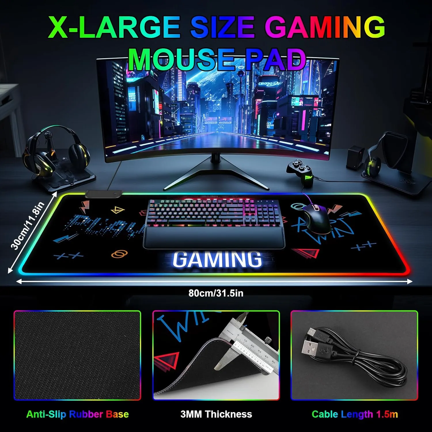 RGB Gaming Mouse Pad, Large Mousepad with Led Light 13 Light Modes Touch Control Extended Soft Computer Keyboard Mat Pad, Desk Mat with Non-Slip Rubber Base for MacBook, PC & Laptop(31.5X11.8)