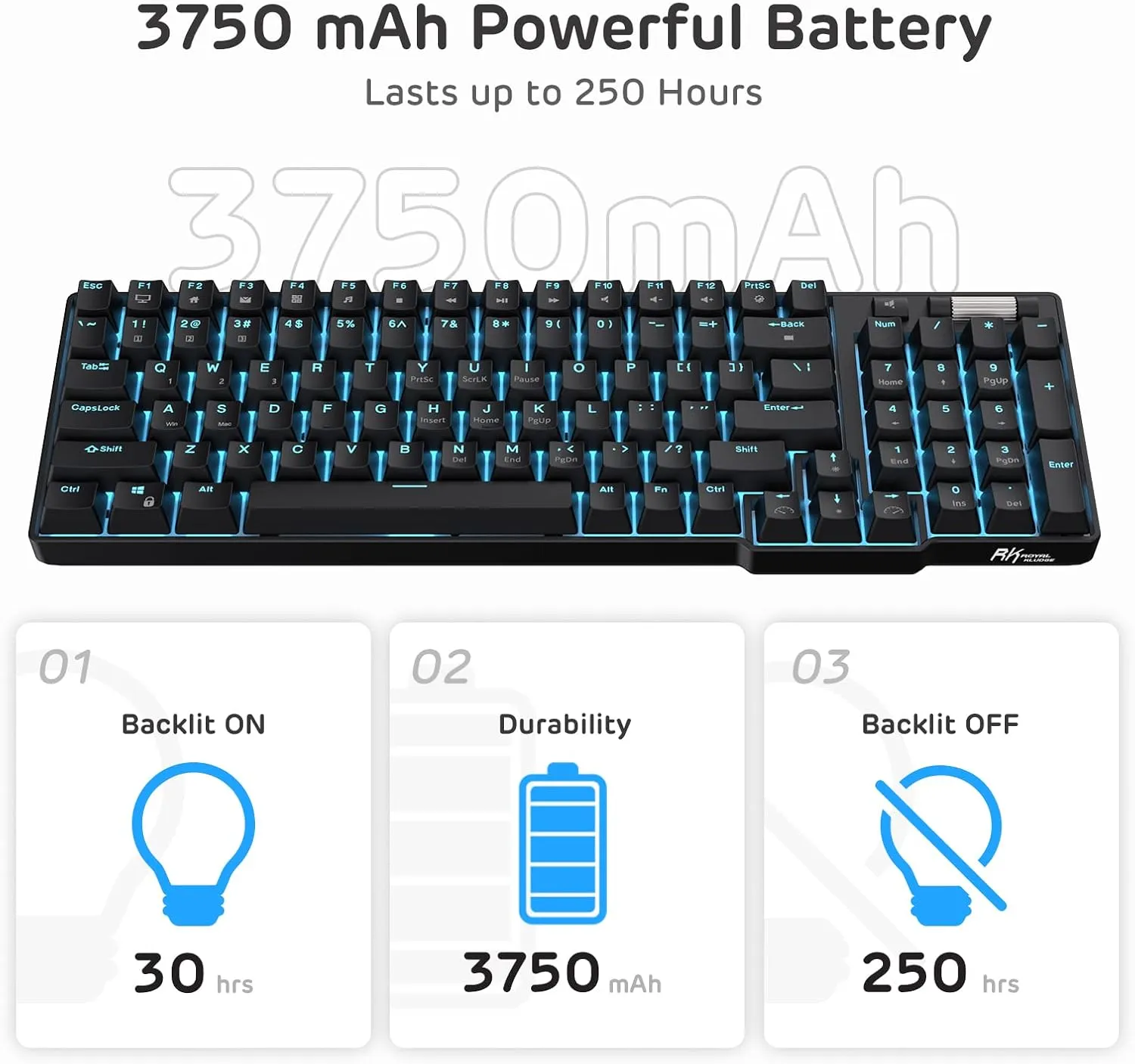 RK ROYAL KLUDGE RK96 90% Triple Mode BT5.0/2.4G/USB-C Hot Swappable Mechanical Keyboard with Magnetic Wrist Rest, 96 Keys Wireless Gaming Keyboard with Software, Blue Backlight