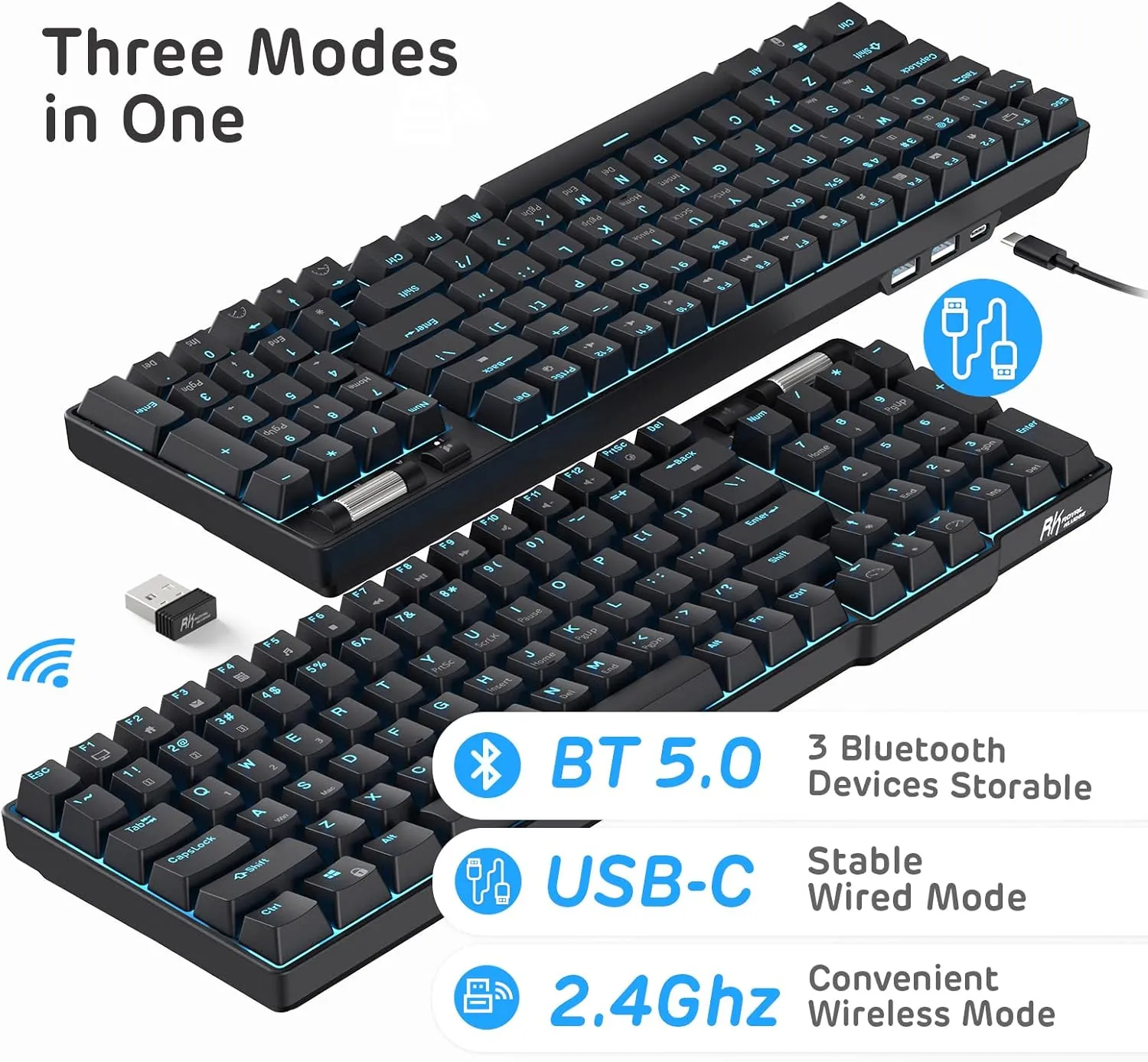 RK ROYAL KLUDGE RK96 90% Triple Mode BT5.0/2.4G/USB-C Hot Swappable Mechanical Keyboard with Magnetic Wrist Rest, 96 Keys Wireless Gaming Keyboard with Software, Blue Backlight