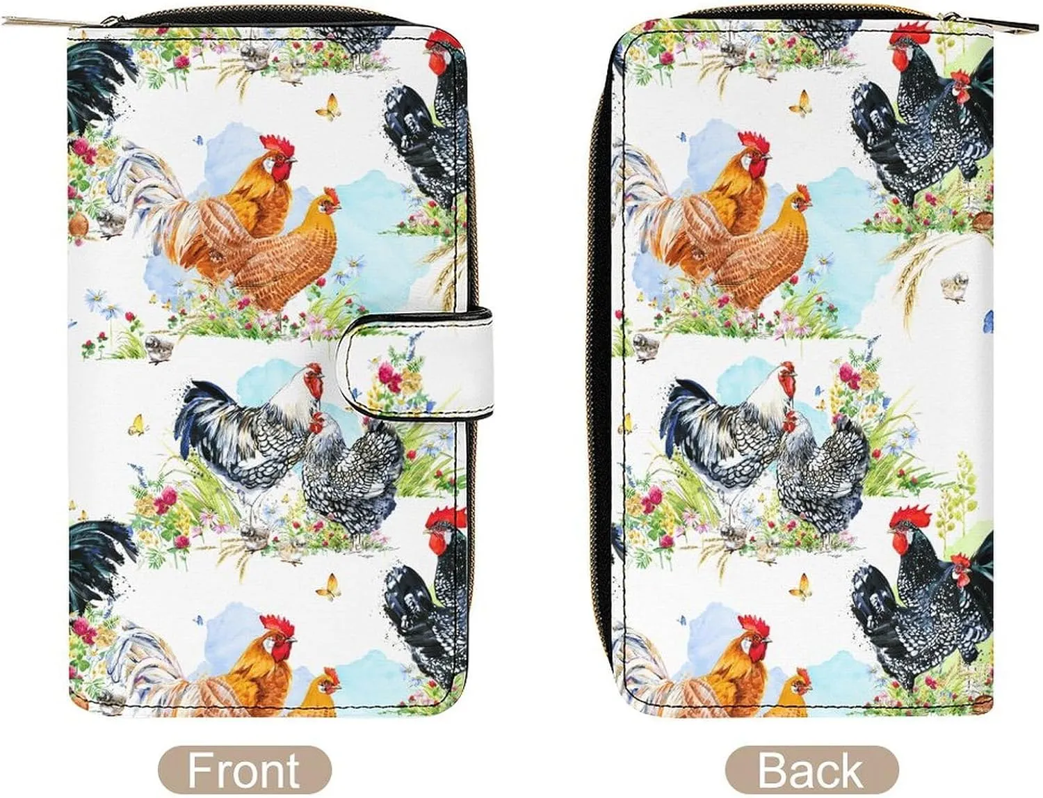 Rooster Watercolor Flower Leather Multifunctional Wallet with 12 Card Slots for Unisex