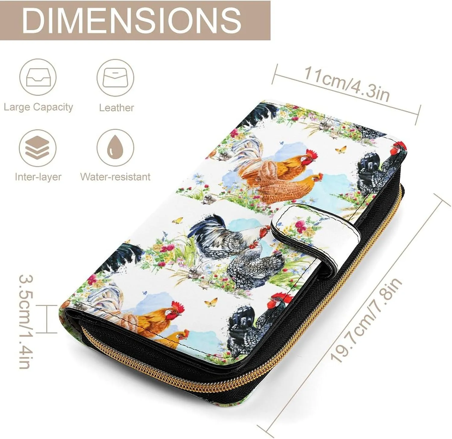 Rooster Watercolor Flower Leather Multifunctional Wallet with 12 Card Slots for Unisex