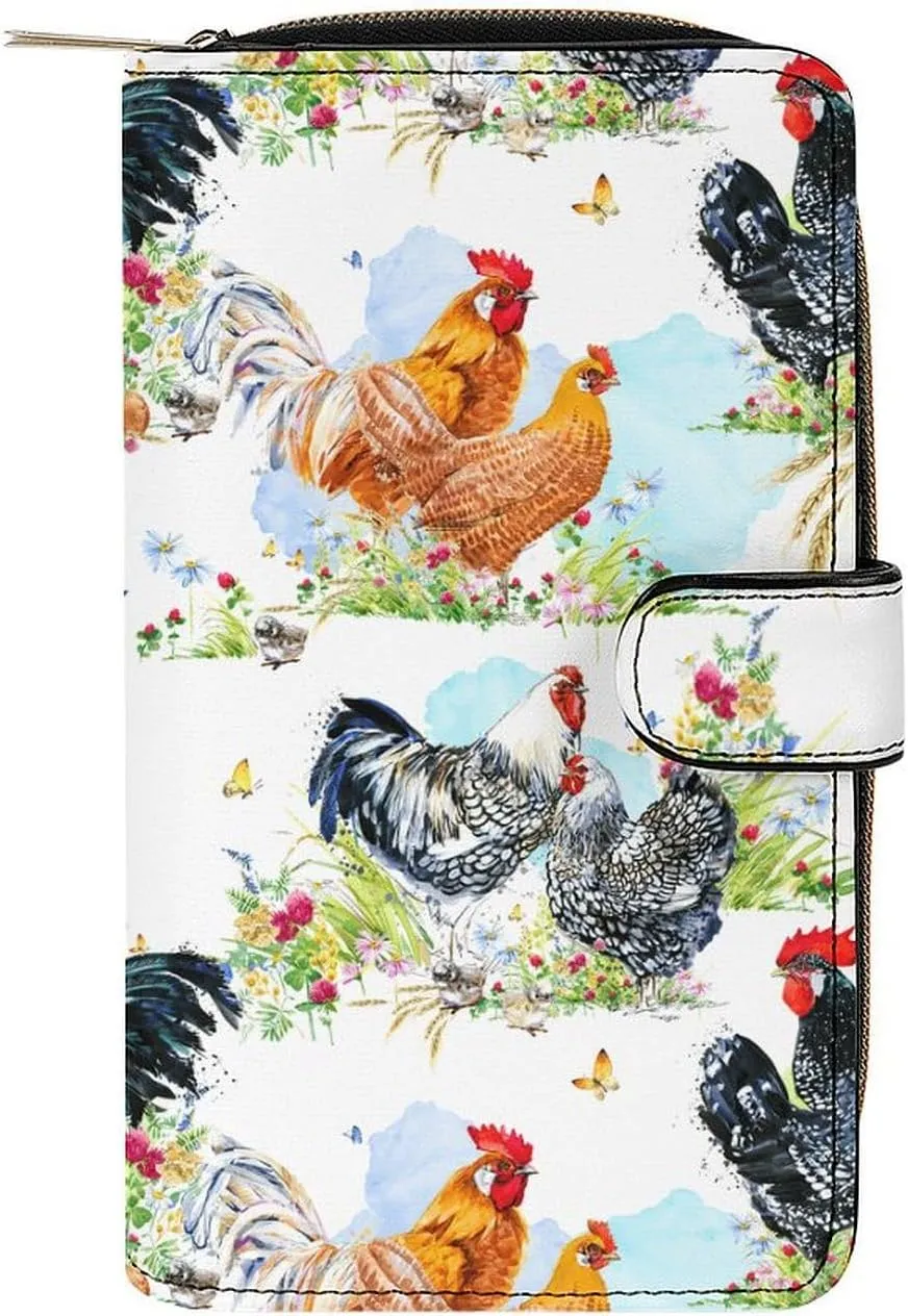 Rooster Watercolor Flower Leather Multifunctional Wallet with 12 Card Slots for Unisex