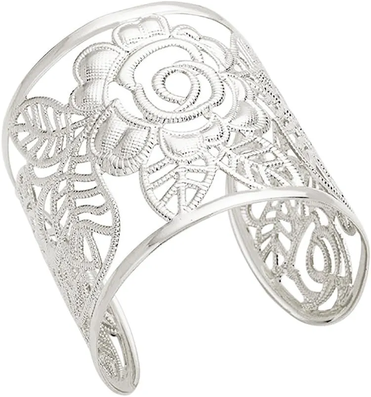 Rosemarie Collections Women's Stunning Statement Floral Rose Filigree Extra Wide Textured Open Cuff Bracelet, 2.25"