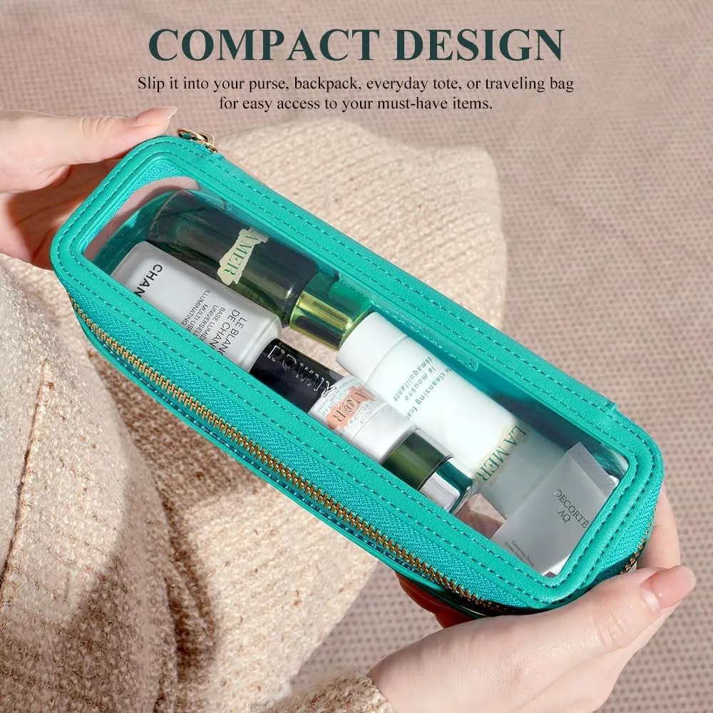 ROWNYEON Small Waterproof Toiletry Organizer Train Case, CLear Travel Makeup Bag for WomenTransparent Cosmetic BagPortable Makeup Case Organizer (green)