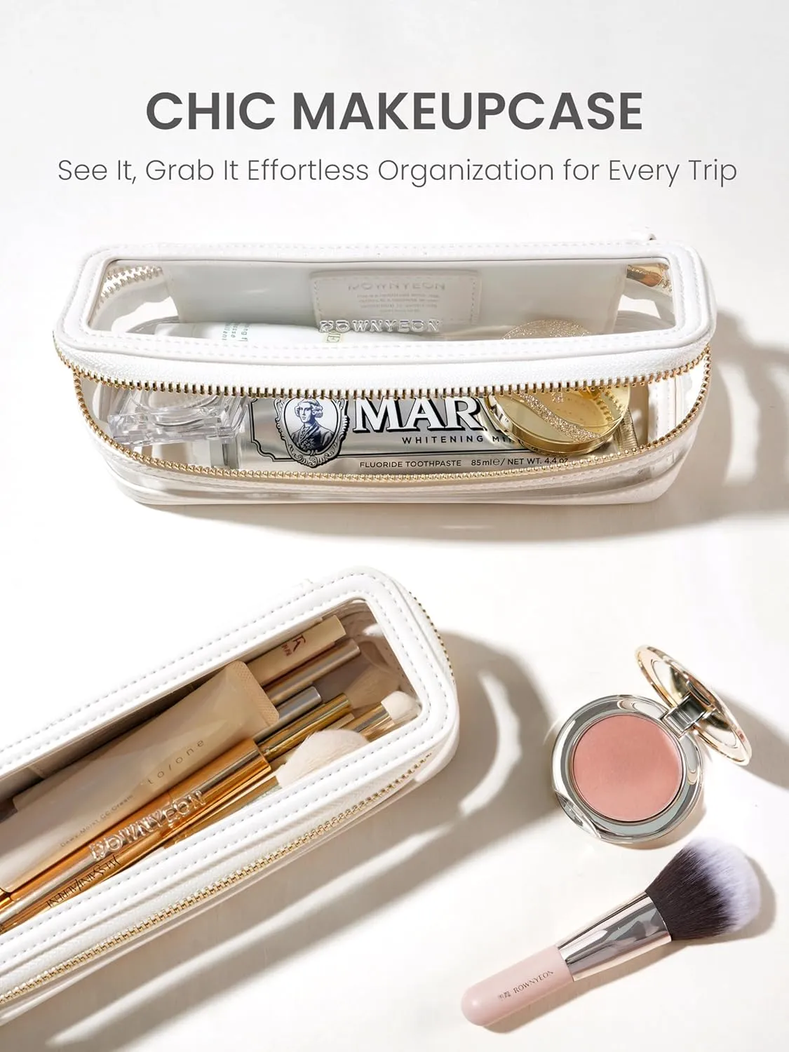 ROWNYEON Small Waterproof Toiletry Organizer Train Case, CLear Travel Makeup Bag for WomenTransparent Cosmetic BagPortable Makeup Case Organizer (White)