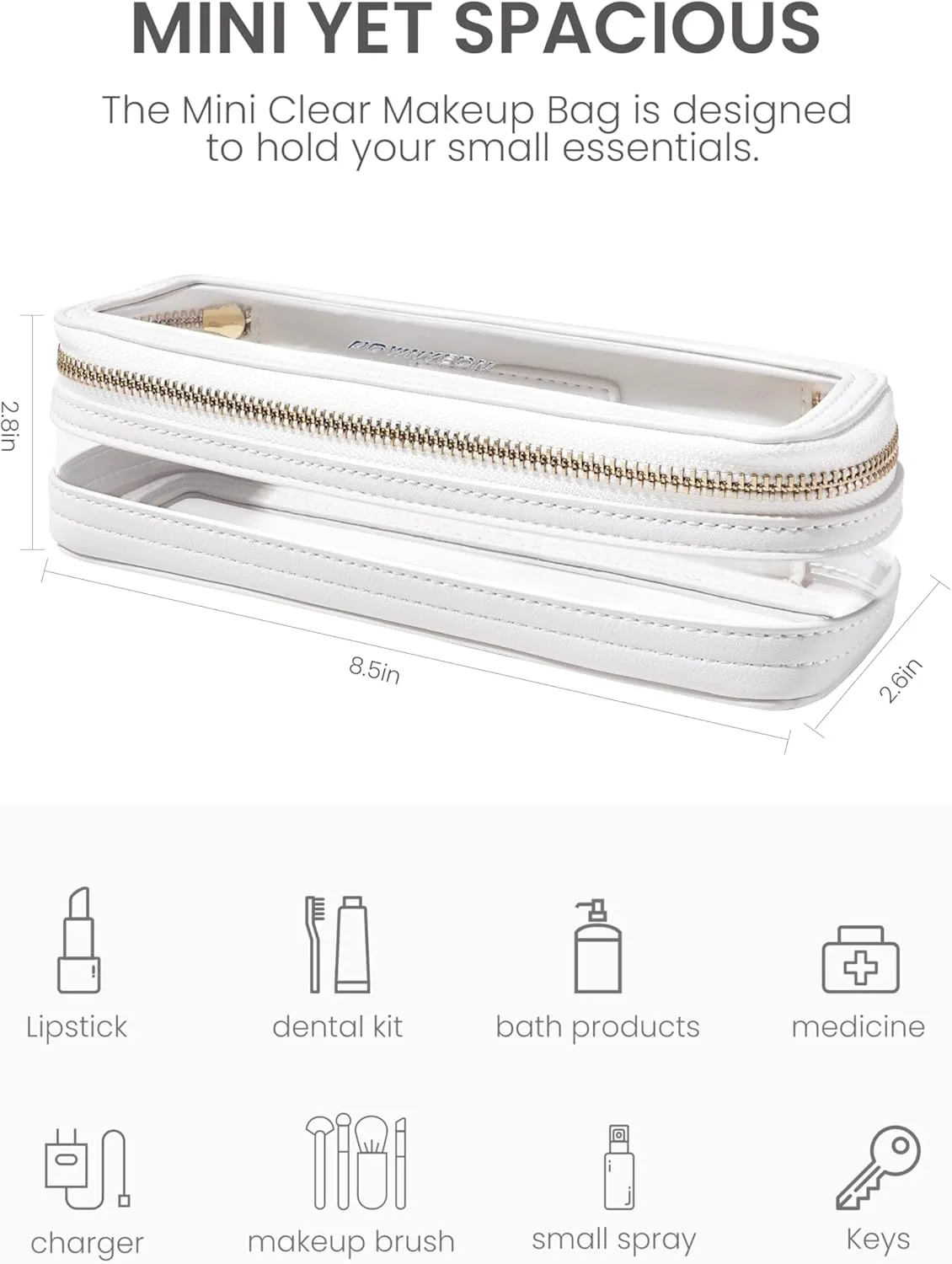ROWNYEON Small Waterproof Toiletry Organizer Train Case, CLear Travel Makeup Bag for WomenTransparent Cosmetic BagPortable Makeup Case Organizer (White)