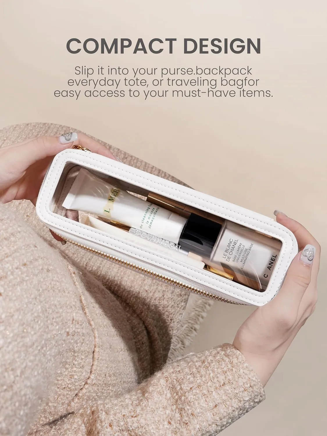 ROWNYEON Small Waterproof Toiletry Organizer Train Case, CLear Travel Makeup Bag for WomenTransparent Cosmetic BagPortable Makeup Case Organizer (White)