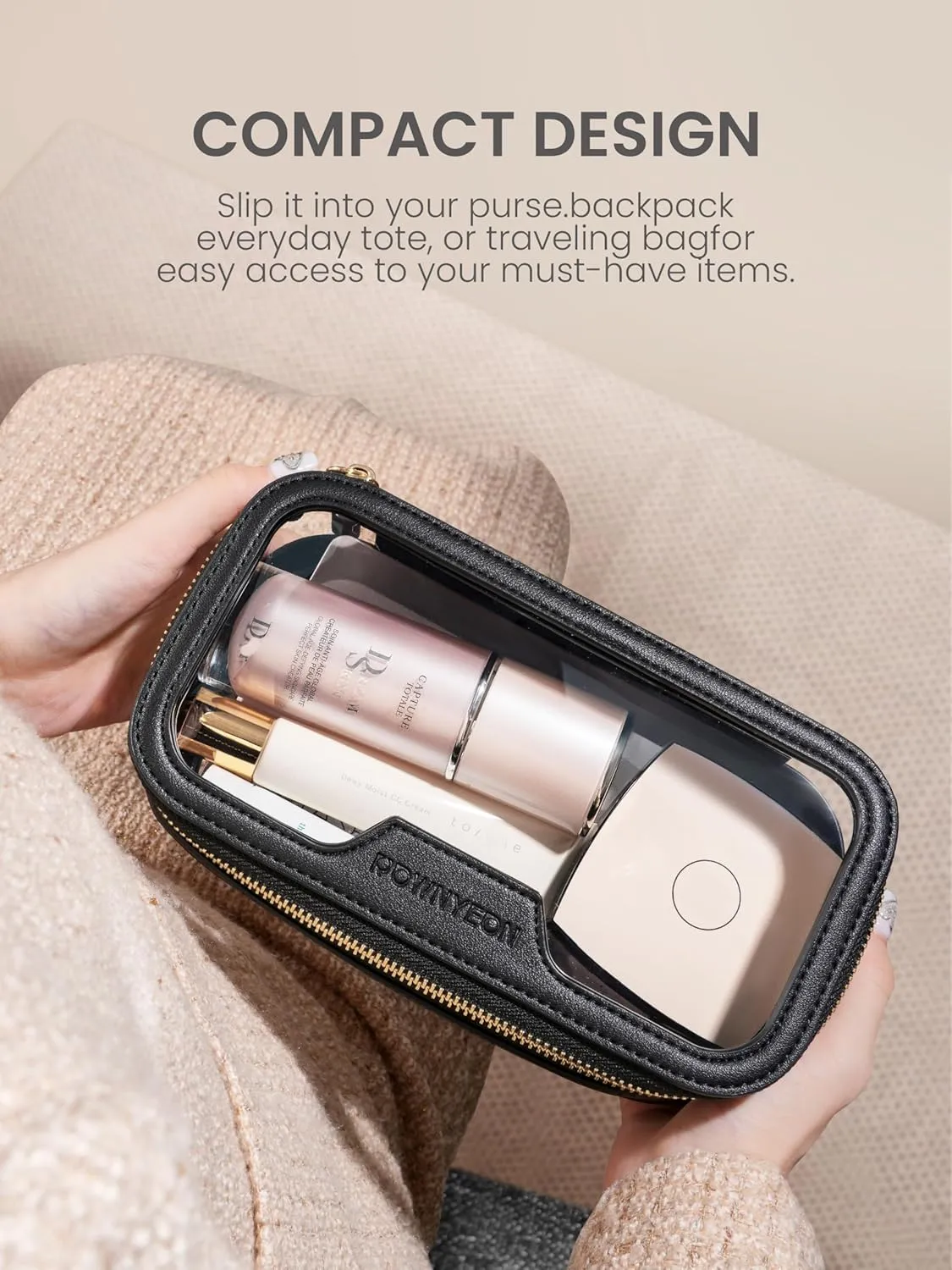 ROWNYEON Waterproof Toiletry Organizer Train Case, CLear Travel Makeup Bag for WomenTransparent Cosmetic BagPortable Makeup Case Organizer (black)