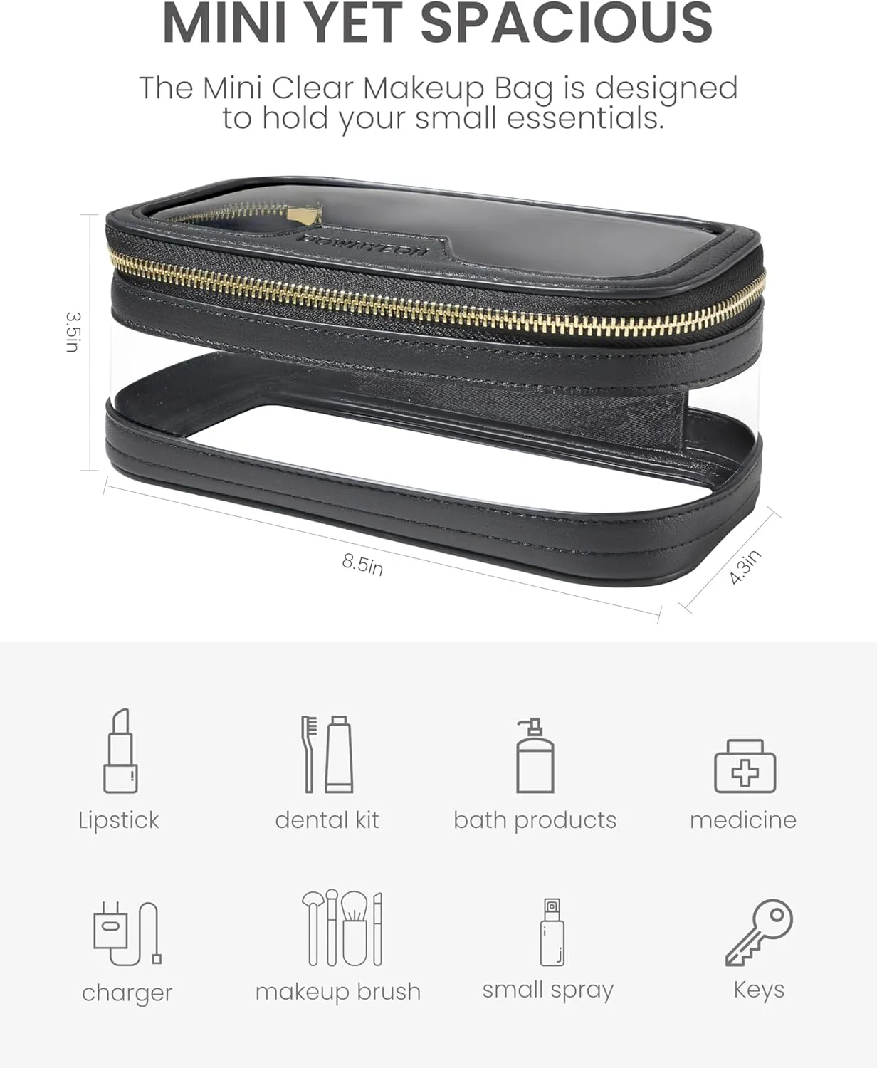 ROWNYEON Waterproof Toiletry Organizer Train Case, CLear Travel Makeup Bag for WomenTransparent Cosmetic BagPortable Makeup Case Organizer (black)