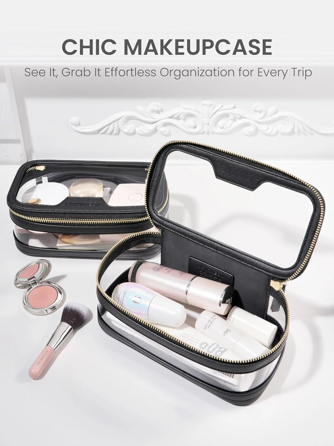 ROWNYEON Waterproof Toiletry Organizer Train Case, CLear Travel Makeup Bag for WomenTransparent Cosmetic BagPortable Makeup Case Organizer (black)