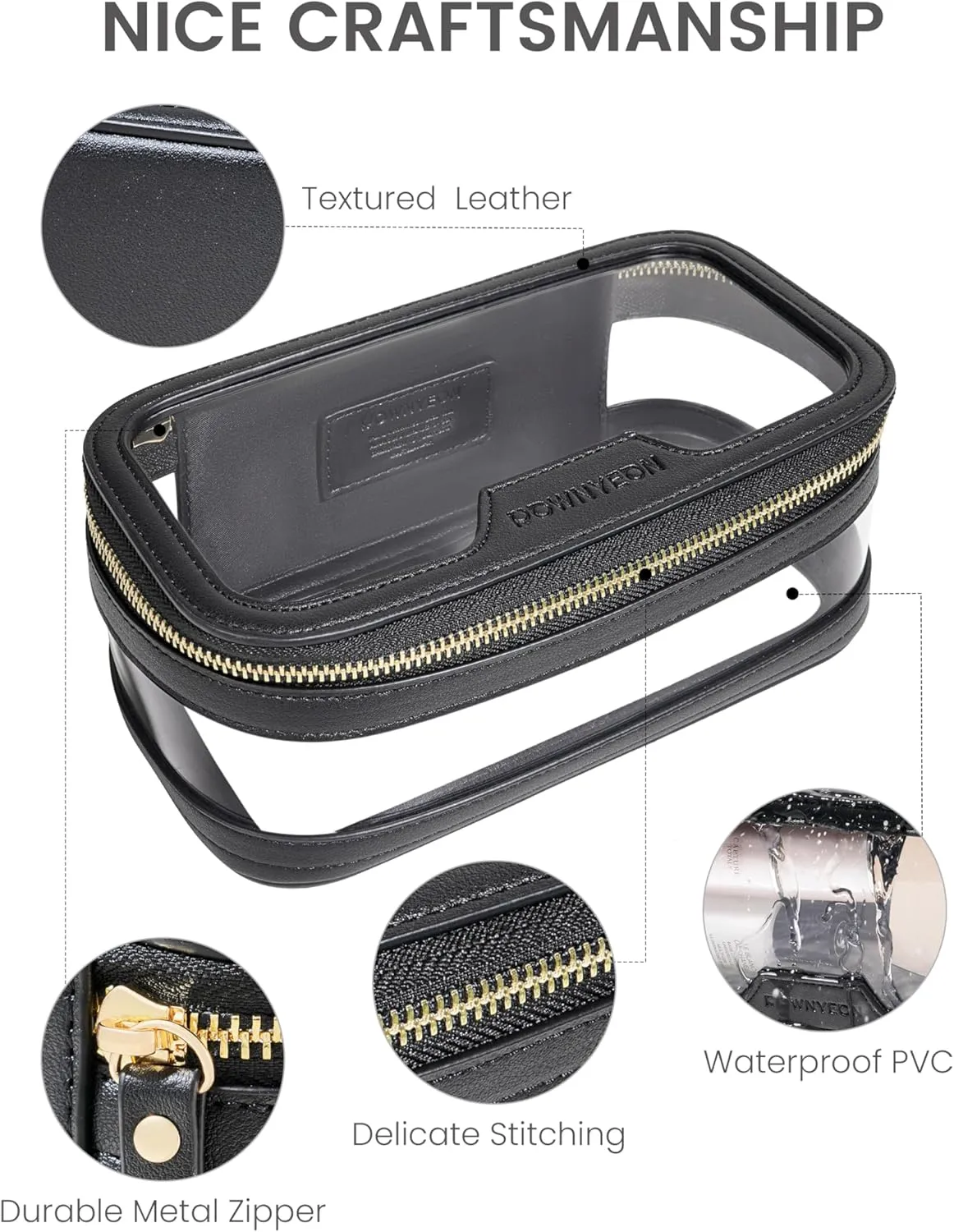 ROWNYEON Waterproof Toiletry Organizer Train Case, CLear Travel Makeup Bag for WomenTransparent Cosmetic BagPortable Makeup Case Organizer (black)