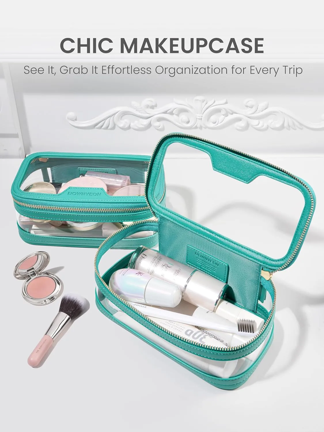 ROWNYEON Waterproof Toiletry Organizer Train Case, CLear Travel Makeup Bag for WomenTransparent Cosmetic BagPortable Makeup Case Organizer (green)