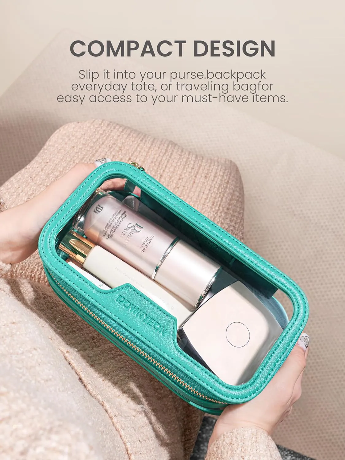 ROWNYEON Waterproof Toiletry Organizer Train Case, CLear Travel Makeup Bag for WomenTransparent Cosmetic BagPortable Makeup Case Organizer (green)