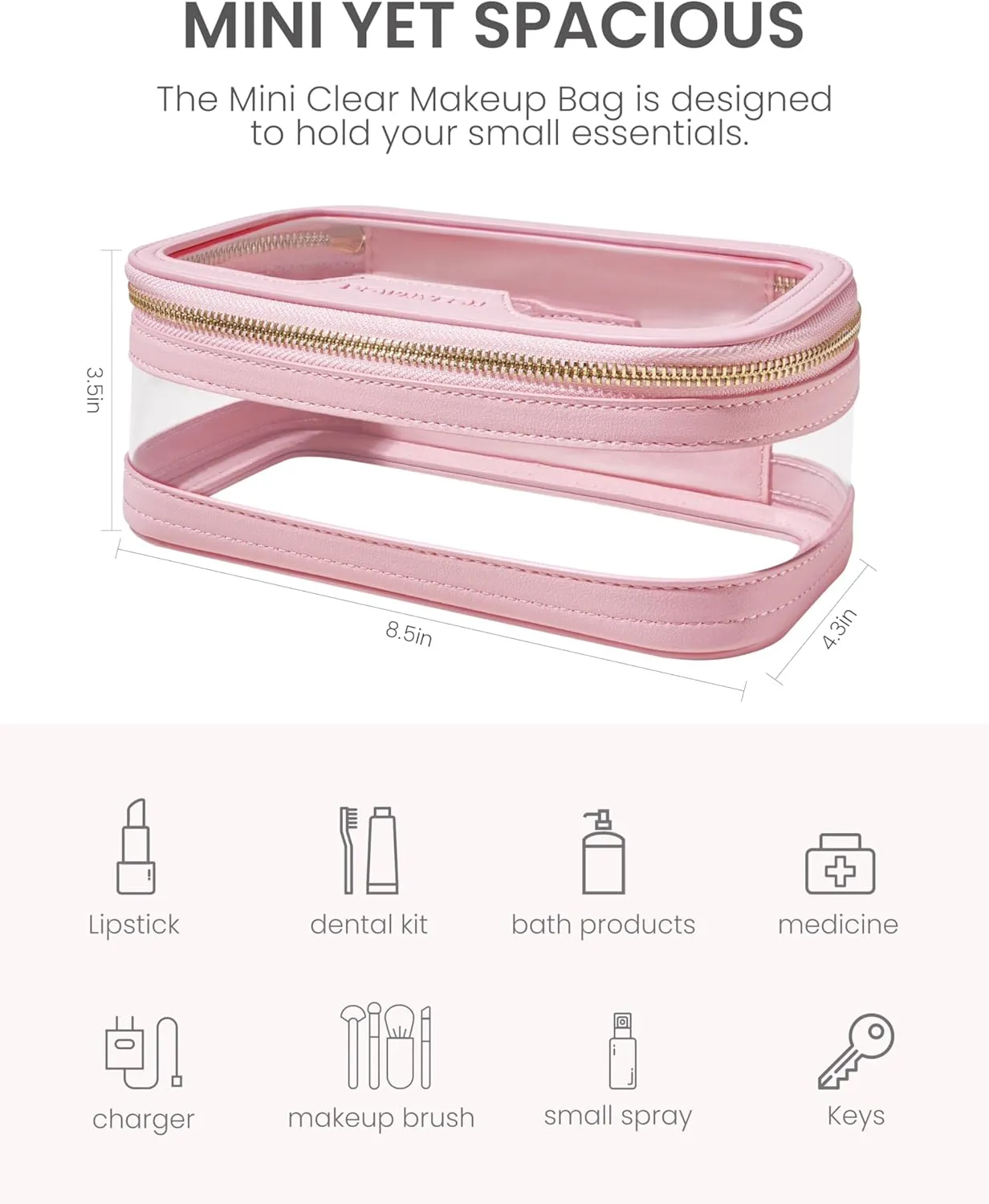 ROWNYEON Waterproof Toiletry Organizer Train Case, CLear Travel Makeup Bag for WomenTransparent Cosmetic BagPortable Makeup Case Organizer (pink)