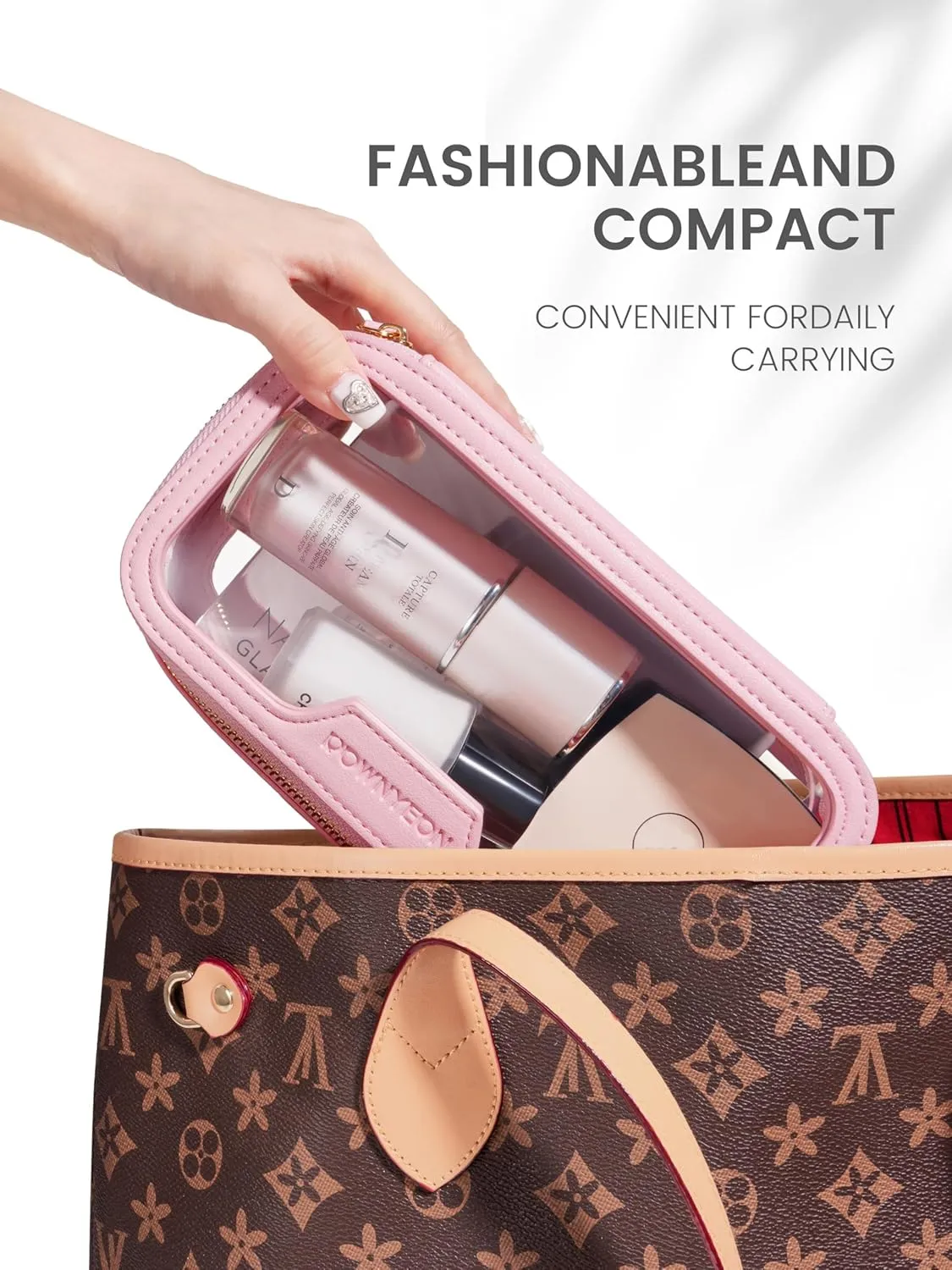 ROWNYEON Waterproof Toiletry Organizer Train Case, CLear Travel Makeup Bag for WomenTransparent Cosmetic BagPortable Makeup Case Organizer (pink)