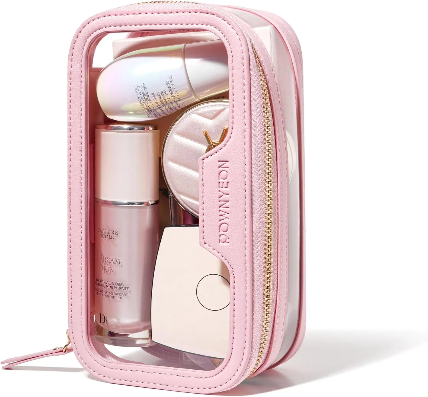 ROWNYEON Waterproof Toiletry Organizer Train Case, CLear Travel Makeup Bag for WomenTransparent Cosmetic BagPortable Makeup Case Organizer (pink)