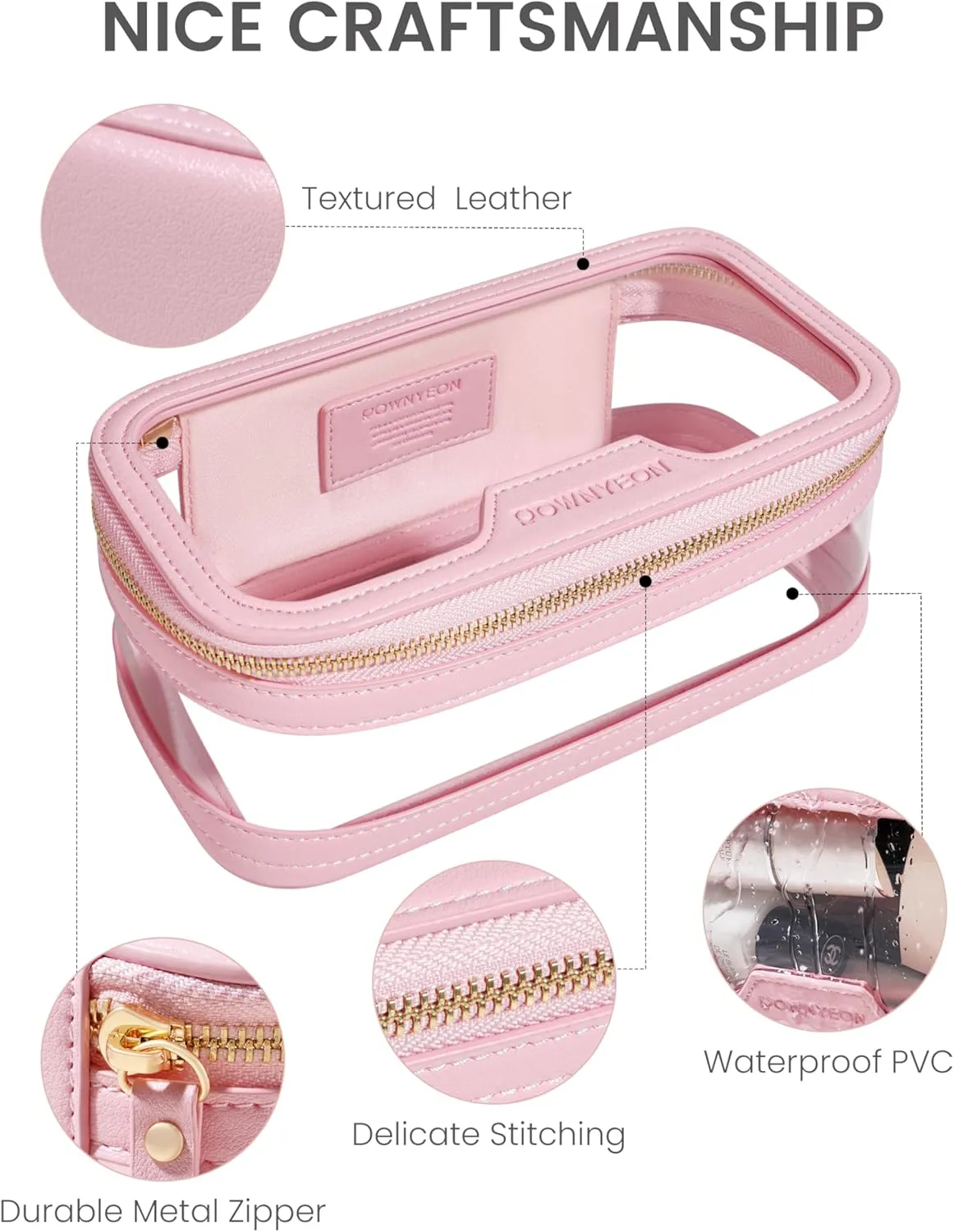 ROWNYEON Waterproof Toiletry Organizer Train Case, CLear Travel Makeup Bag for WomenTransparent Cosmetic BagPortable Makeup Case Organizer (pink)