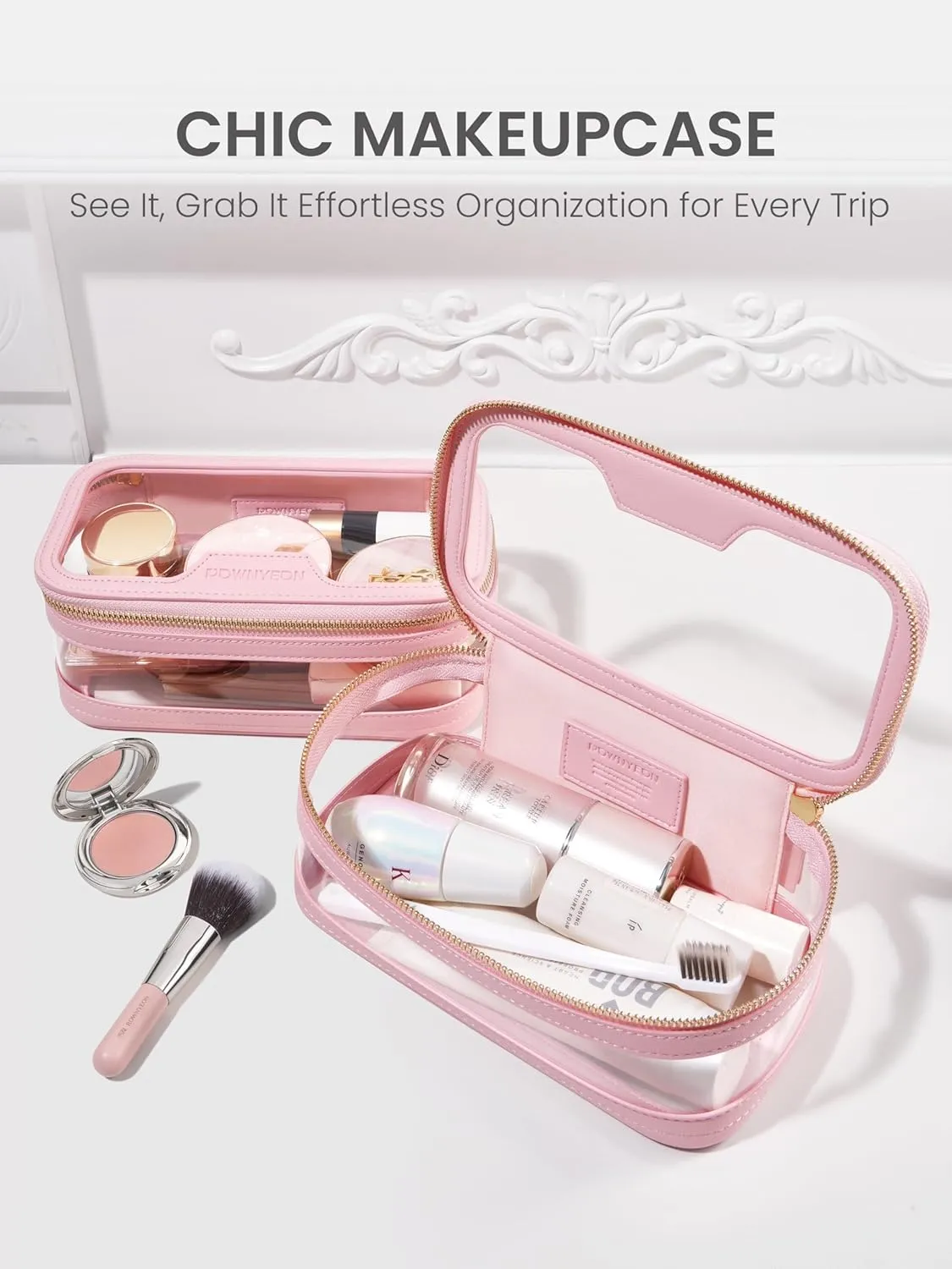 ROWNYEON Waterproof Toiletry Organizer Train Case, CLear Travel Makeup Bag for WomenTransparent Cosmetic BagPortable Makeup Case Organizer (pink)