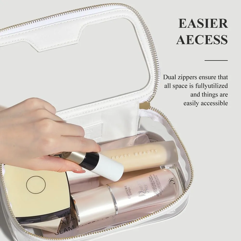 ROWNYEON Waterproof Toiletry Organizer Train Case, CLear Travel Makeup Bag for WomenTransparent Cosmetic BagPortable Makeup Case Organizer (White)