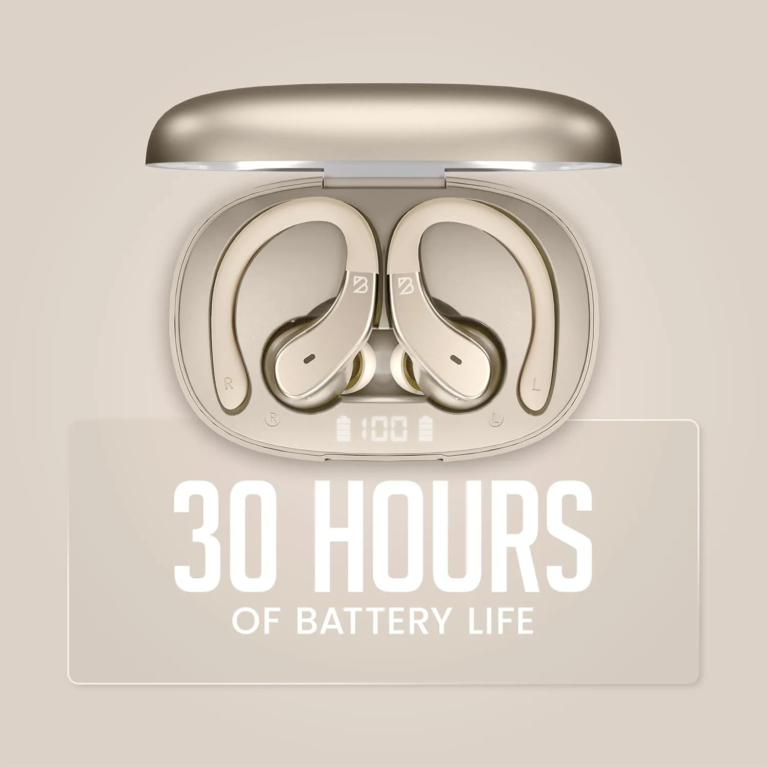 Runner 40 - Secure-Fit Wireless Earbuds for Small Ears, Running Bluetooth Earphones for Women and Men, Gold Deep Bass Wrap Around Earbuds for Small Ear Canals with EarHooks, Light Over The Ear Buds