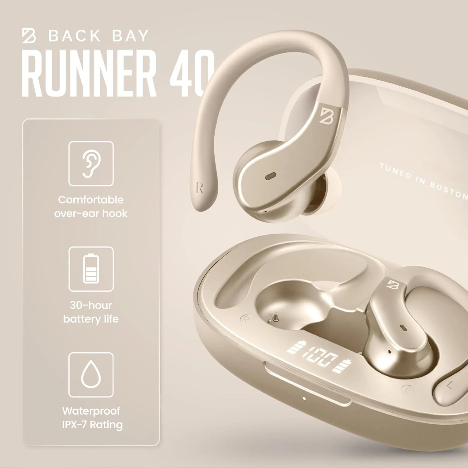 Runner 40 - Secure-Fit Wireless Earbuds for Small Ears, Running Bluetooth Earphones for Women and Men, Gold Deep Bass Wrap Around Earbuds for Small Ear Canals with EarHooks, Light Over The Ear Buds