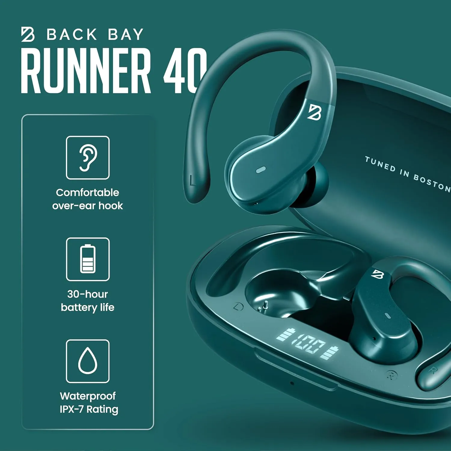 Runner 40 - Secure-Fit Wireless Earbuds for Small Ears, Running Bluetooth Earphones for Women and Men, Green Deep Bass Wrap Around Earbuds for Small Ear Canals with EarHooks, Light Over The Ear Buds