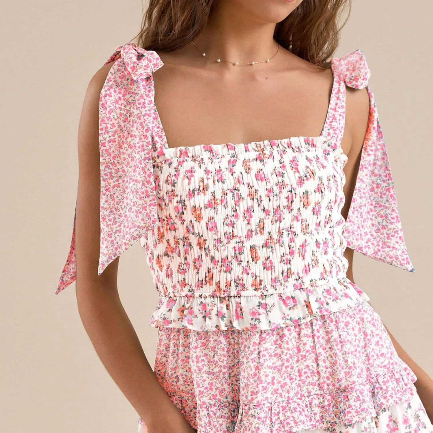 Sastianaen Womens Floral Print Mini Dress Summer Ruffle Smocked Tiered Tie Backless Preppy Smocked Short Dress Picnic Beach