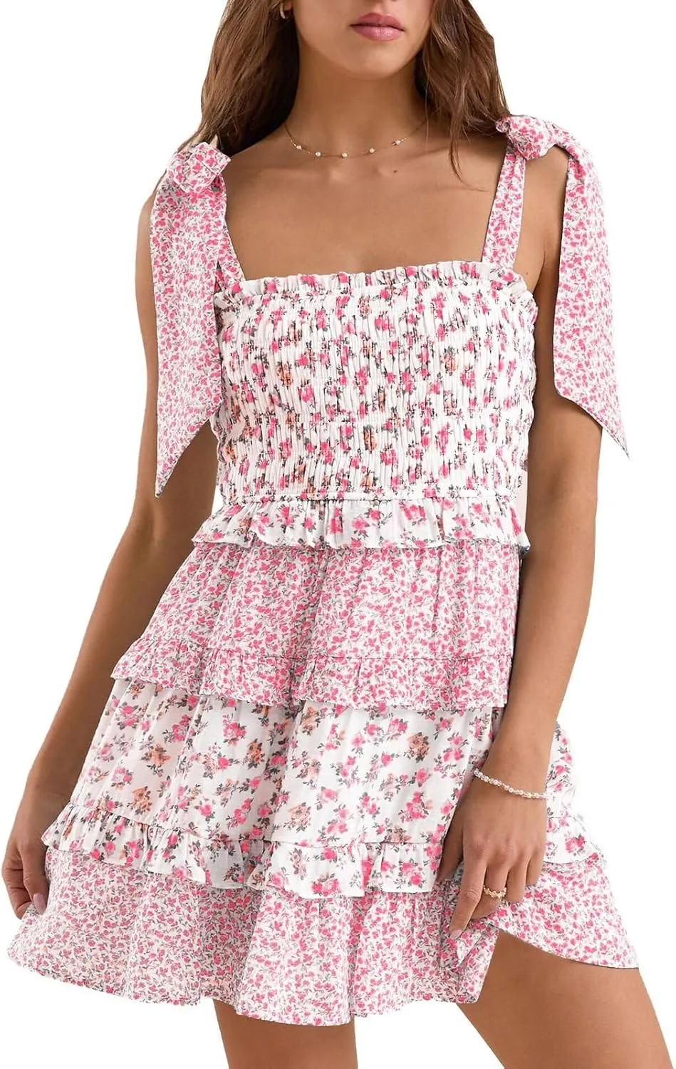 Sastianaen Womens Floral Print Mini Dress Summer Ruffle Smocked Tiered Tie Backless Preppy Smocked Short Dress Picnic Beach