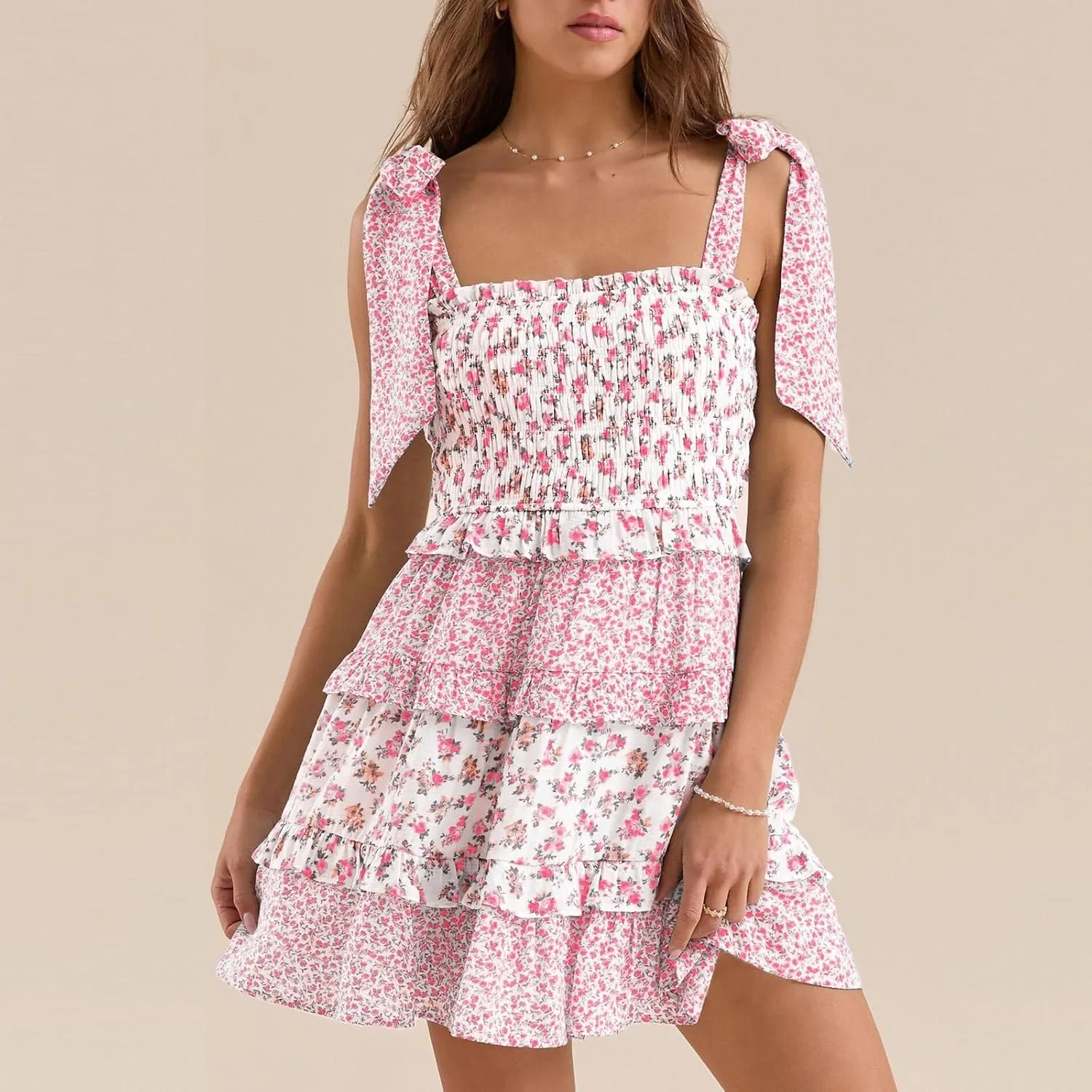 Sastianaen Womens Floral Print Mini Dress Summer Ruffle Smocked Tiered Tie Backless Preppy Smocked Short Dress Picnic Beach