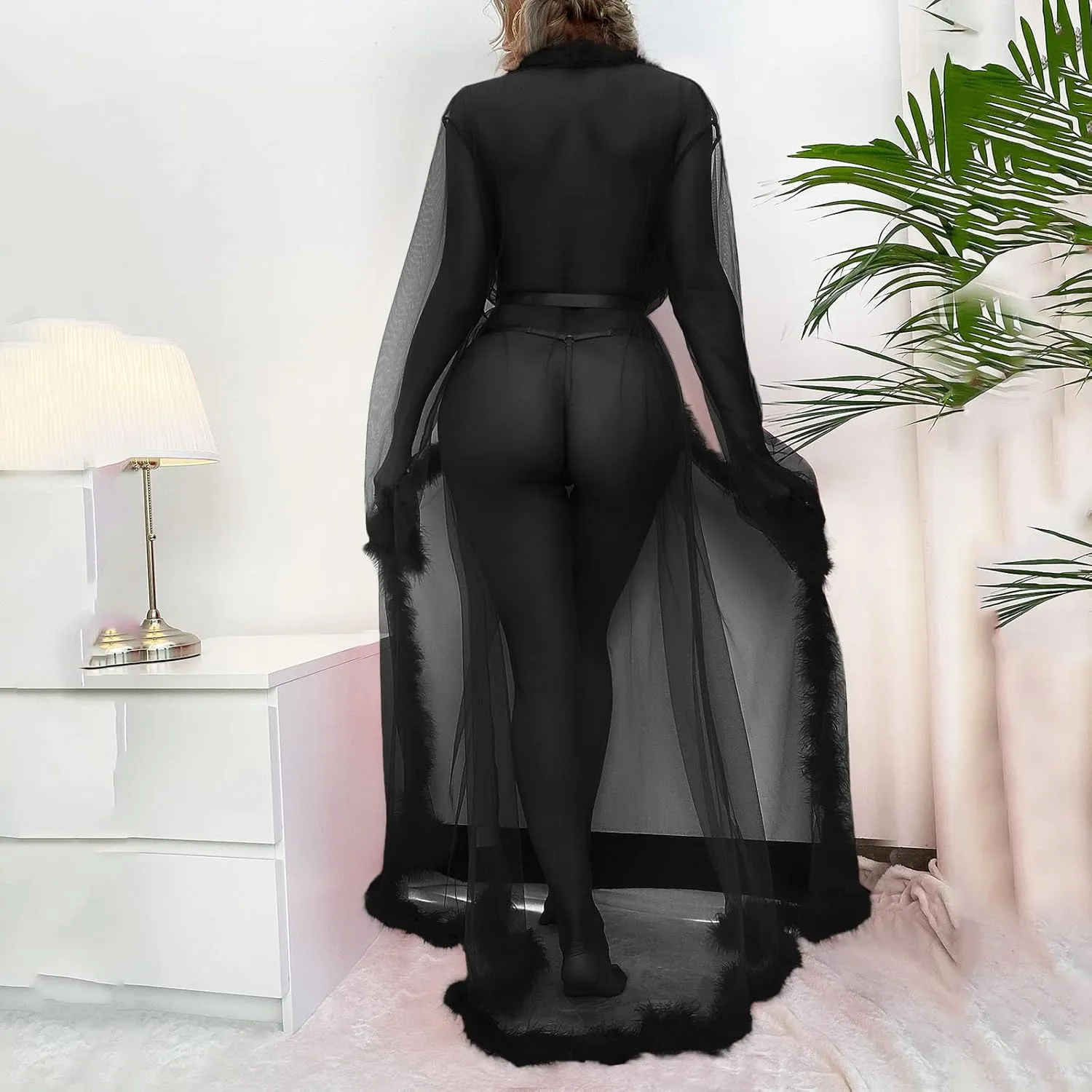 Sexy Tulle Feather Robes for Women Sheer Mesh Fur Illusion Nightgown Bridal Lingerie Bathrobe Photoshoot Dress