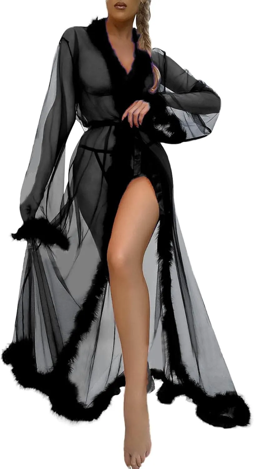Sexy Tulle Feather Robes for Women Sheer Mesh Fur Illusion Nightgown Bridal Lingerie Bathrobe Photoshoot Dress