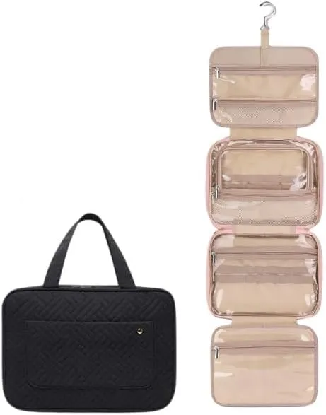 SIAM'S Travel Makeup Toiletry Bag for Women Portable Makeup Cosmetic Bag with Hanging Hook Water-resistant Makeup Case Organizer for Toiletries Accessories, Essentials (BLACK)