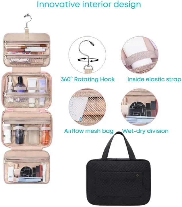 SIAM'S Travel Makeup Toiletry Bag for Women Portable Makeup Cosmetic Bag with Hanging Hook Water-resistant Makeup Case Organizer for Toiletries Accessories, Essentials (BLACK)
