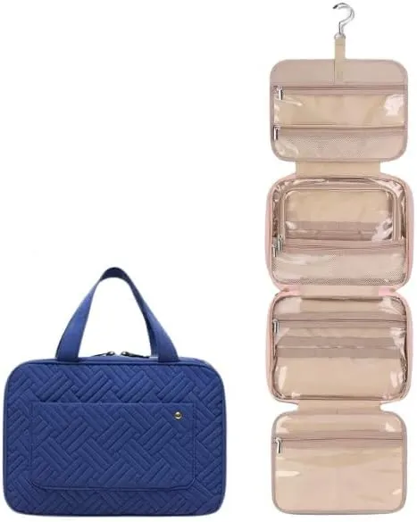 SIAM'S Travel Makeup Toiletry Bag for Women Portable Makeup Cosmetic Bag with Hanging Hook Water-resistant Makeup Case Organizer for Toiletries Accessories, Essentials (BLUE)