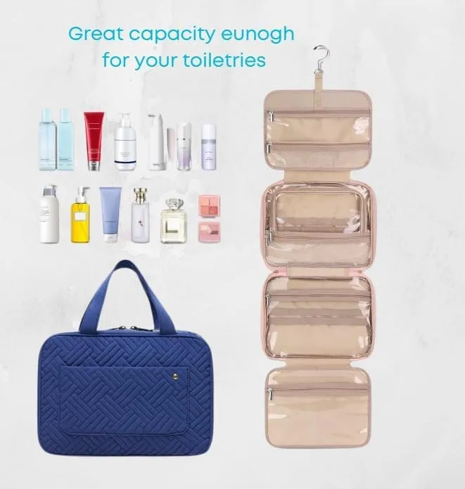 SIAM'S Travel Makeup Toiletry Bag for Women Portable Makeup Cosmetic Bag with Hanging Hook Water-resistant Makeup Case Organizer for Toiletries Accessories, Essentials (BLUE)