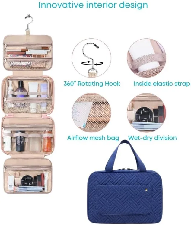 SIAM'S Travel Makeup Toiletry Bag for Women Portable Makeup Cosmetic Bag with Hanging Hook Water-resistant Makeup Case Organizer for Toiletries Accessories, Essentials (BLUE)