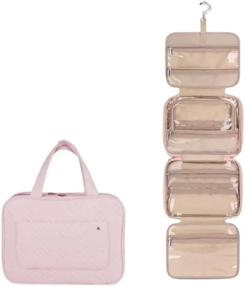 SIAM'S Travel Makeup Toiletry Bag for Women Portable Makeup Cosmetic Bag with Hanging Hook Water-resistant Makeup Case Organizer for Toiletries Accessories, Essentials (PINK)