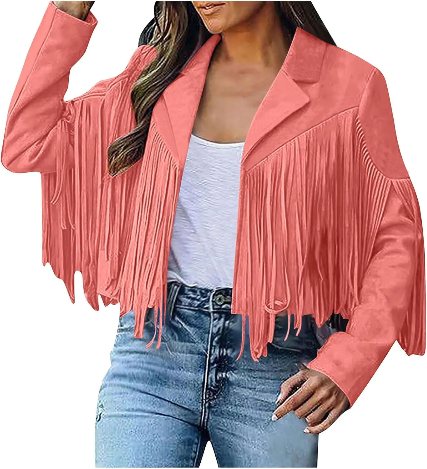 Sinzelimin Women's Crop Suit Jackets Fashion Tassels Cardigan Coat Faux Suede Leather Cowboy Style Long Sleeves Clubwear Coat