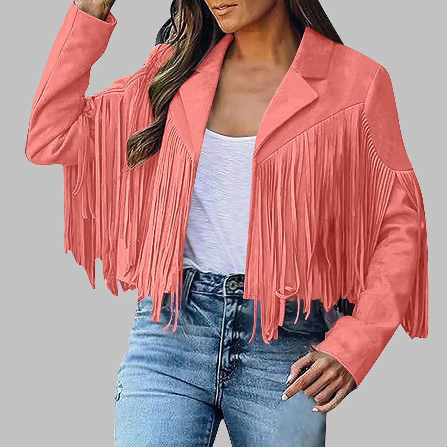 Sinzelimin Women's Crop Suit Jackets Fashion Tassels Cardigan Coat Faux Suede Leather Cowboy Style Long Sleeves Clubwear Coat