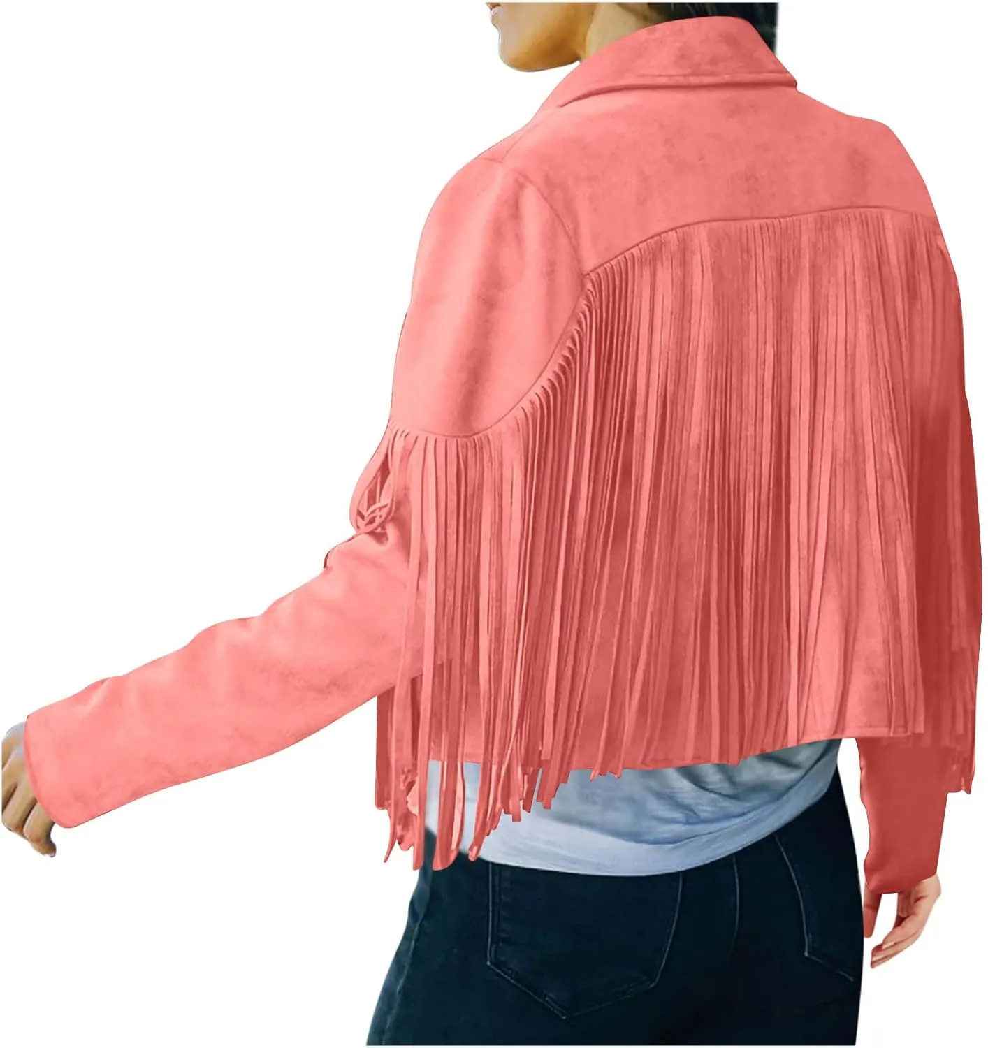 Sinzelimin Women's Crop Suit Jackets Fashion Tassels Cardigan Coat Faux Suede Leather Cowboy Style Long Sleeves Clubwear Coat