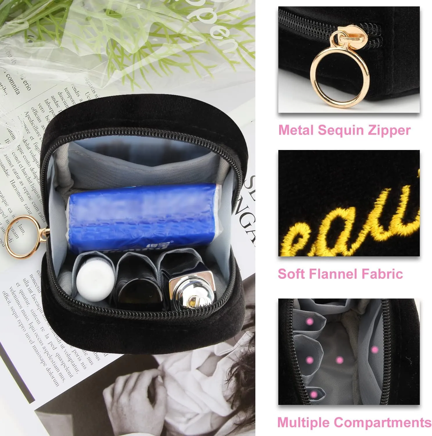 Small Makeup Bag Mini Pouch Portable Mini Make Up Bag for Purse Extra Small Makeup Bag Lipstick Holder for Women and Girls(Black)