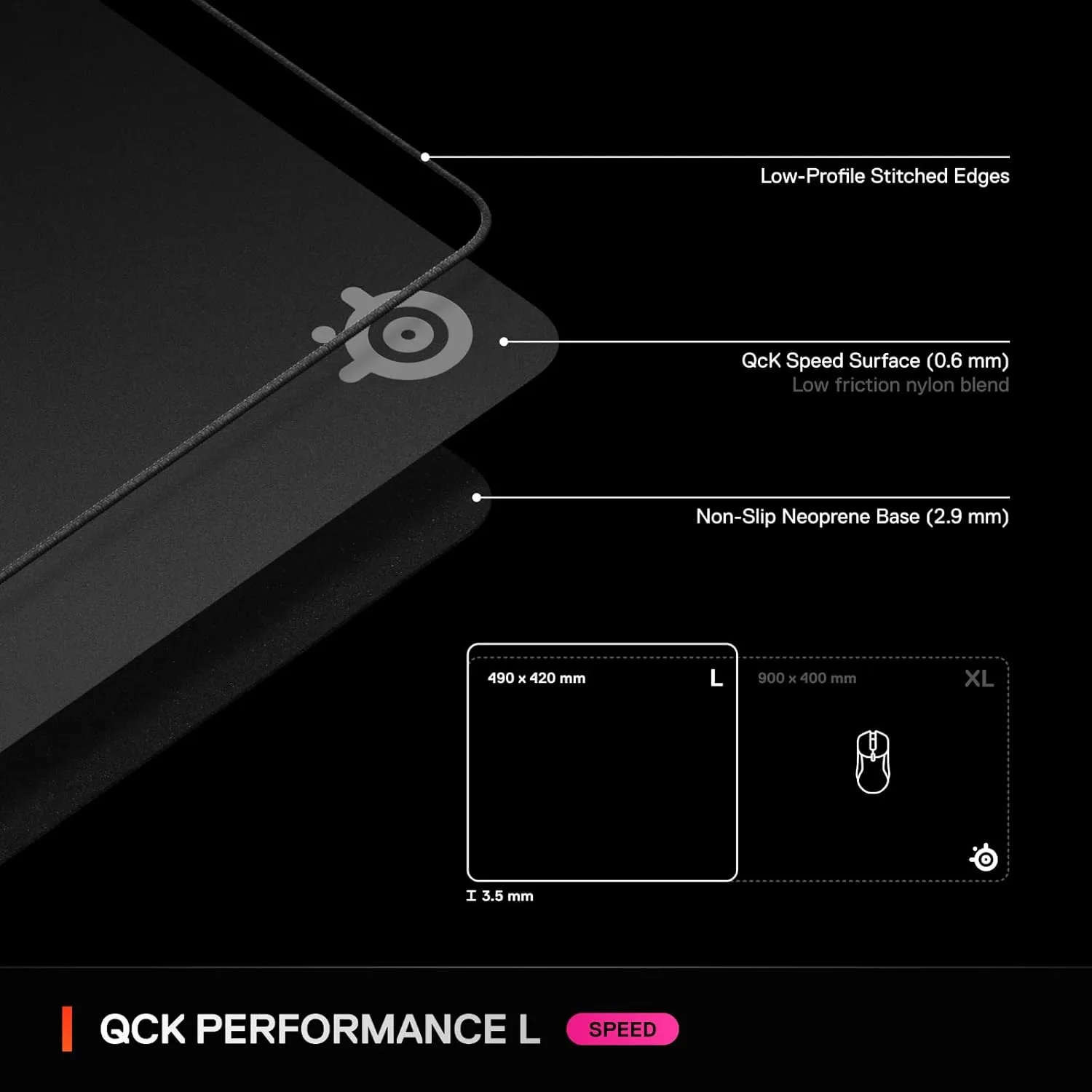 SteelSeries QcK L Performance Speed Gaming Mousepad  Extra Density for a Smooth Glide  Low-Profile Edge Stitching  Non-Slip Neoprene Rubber Base  16.54 x 19.29 inch  FPS, MOBAs, RTS, MMO