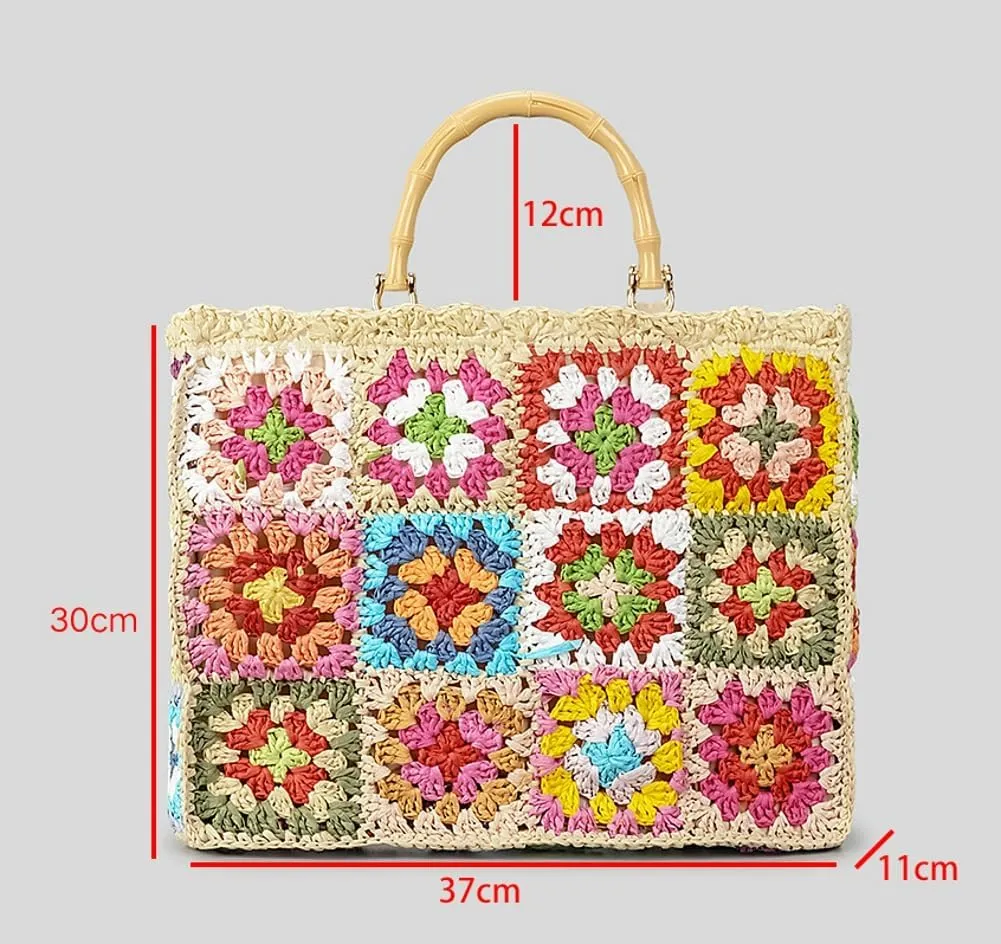 Straw Tote Bag for Women Crochet Beach Bag Summer Woven Rainbow Hobo Handbag Floral Straw Purse Vacation