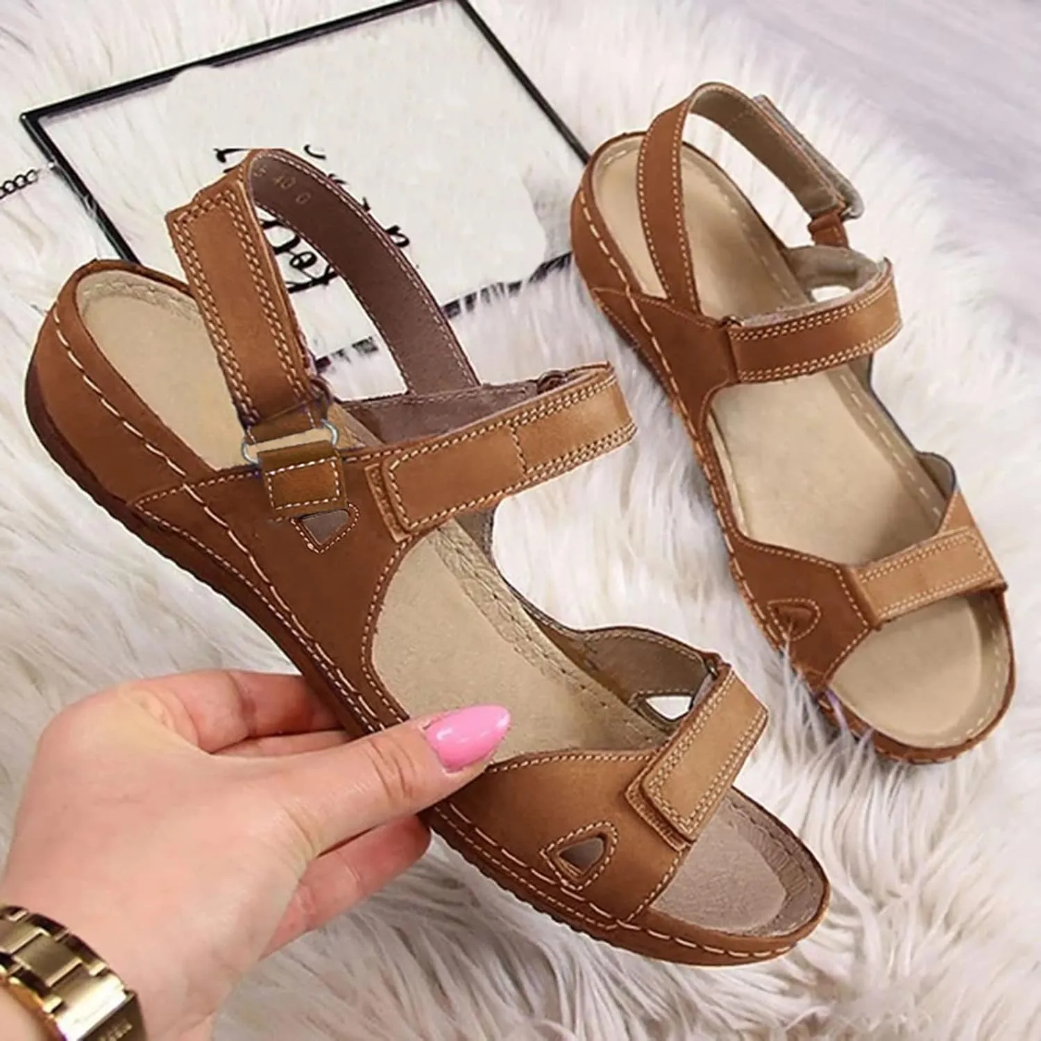 SuanlaTDS Flat Orthopedic Sandals for Women Comfortable Open Toe Adjustable Ankle Strap Platform 2025 Dressy Summer Beach Dress Shoes Arch Support Low Wedge Heel Walking Outdoor Sandal