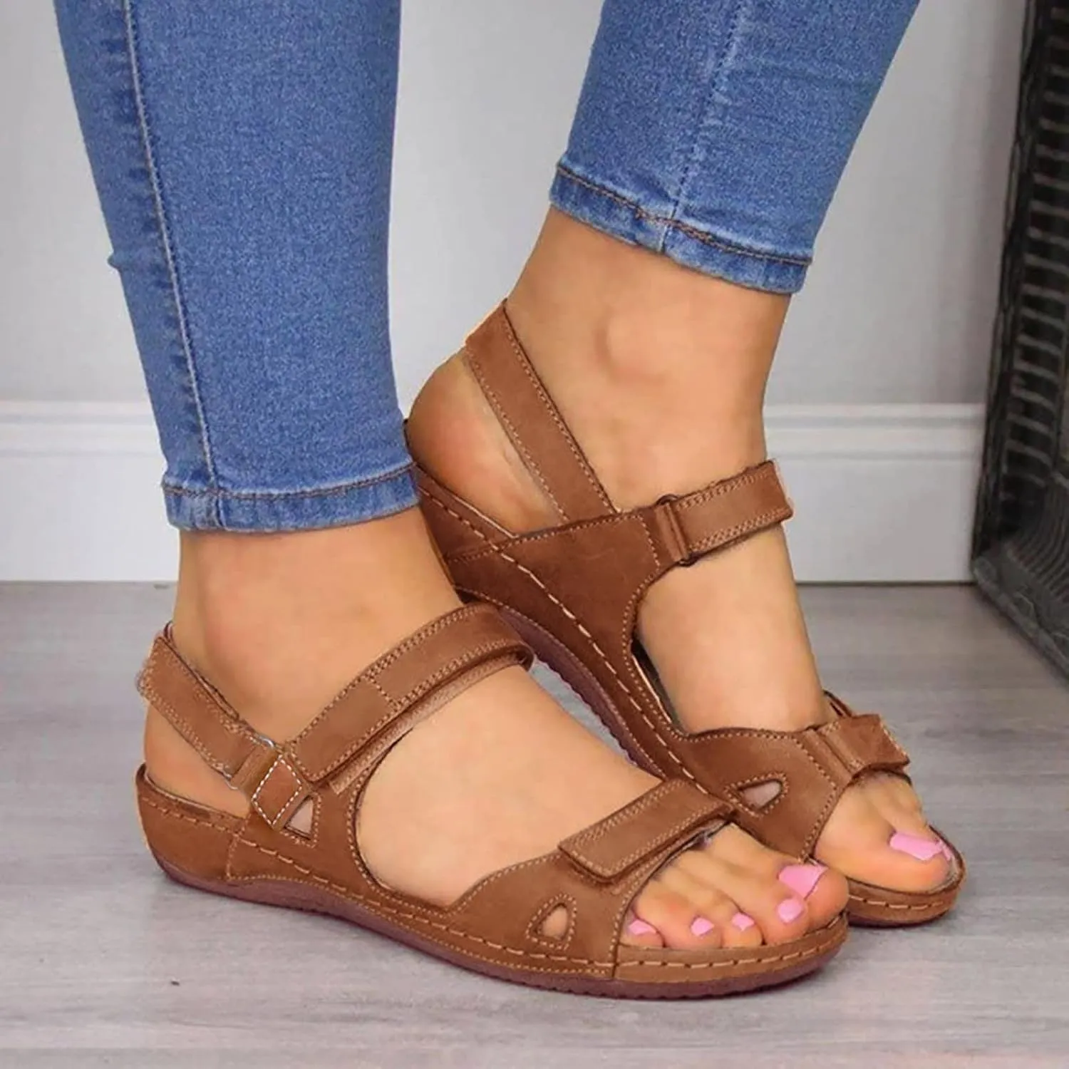 SuanlaTDS Flat Orthopedic Sandals for Women Comfortable Open Toe Adjustable Ankle Strap Platform 2025 Dressy Summer Beach Dress Shoes Arch Support Low Wedge Heel Walking Outdoor Sandal