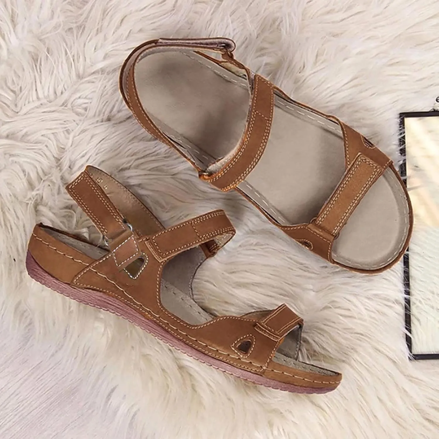 SuanlaTDS Flat Orthopedic Sandals for Women Comfortable Open Toe Adjustable Ankle Strap Platform 2025 Dressy Summer Beach Dress Shoes Arch Support Low Wedge Heel Walking Outdoor Sandal
