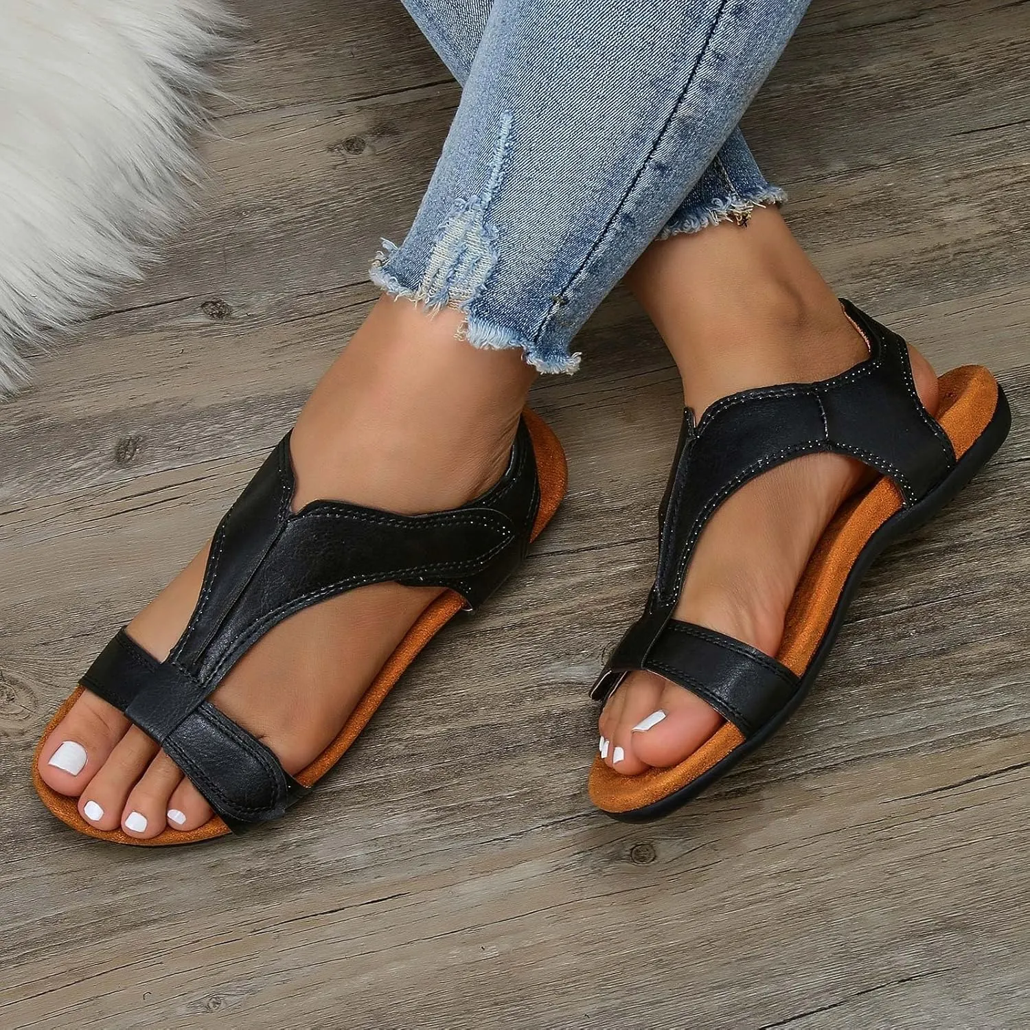 SuanlaTDS Flat Sandals for Women Dressy Summer Bohemian Comfortable Adjustable Ankle Strap Open Toe Platform Low Heels Orthopedic Sandals with Arch Support Elegant Casual Walking Shoes